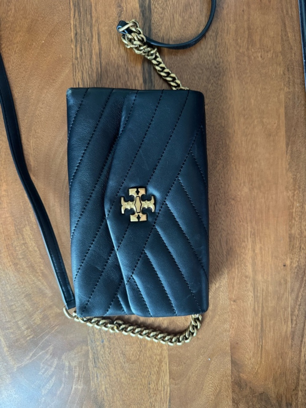 Tory Burch Black Quilted Leather Crossbody with Gold Logo Chain